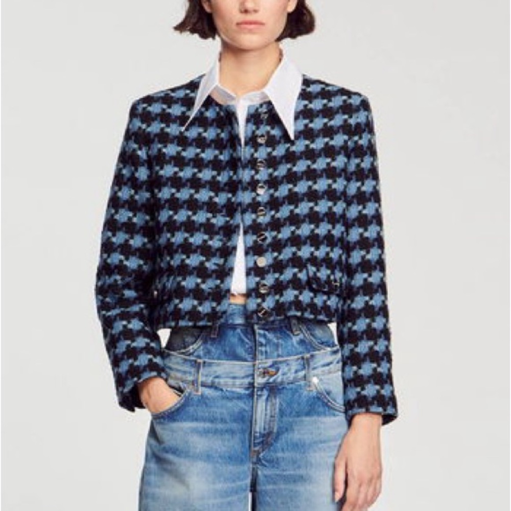SANDRO Boulogne Houndstooth Tweed Crop Jacket